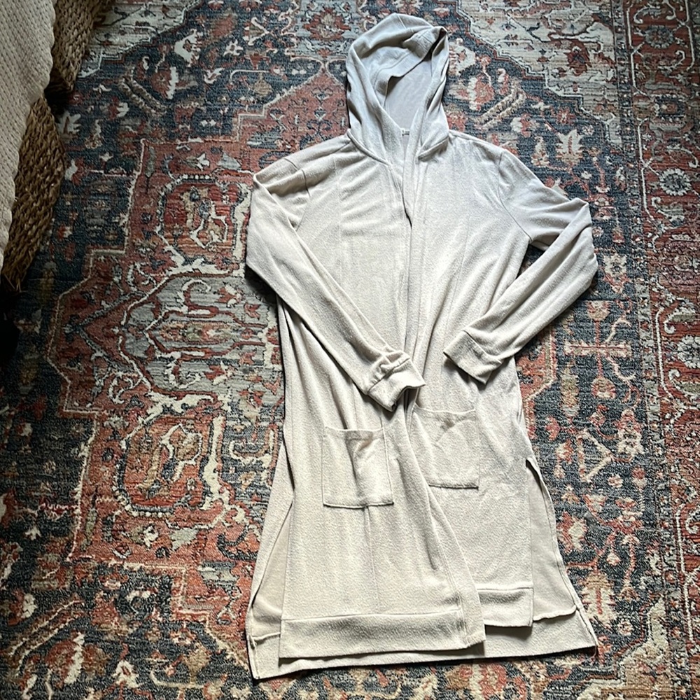 Large tan duster cardigan with hood